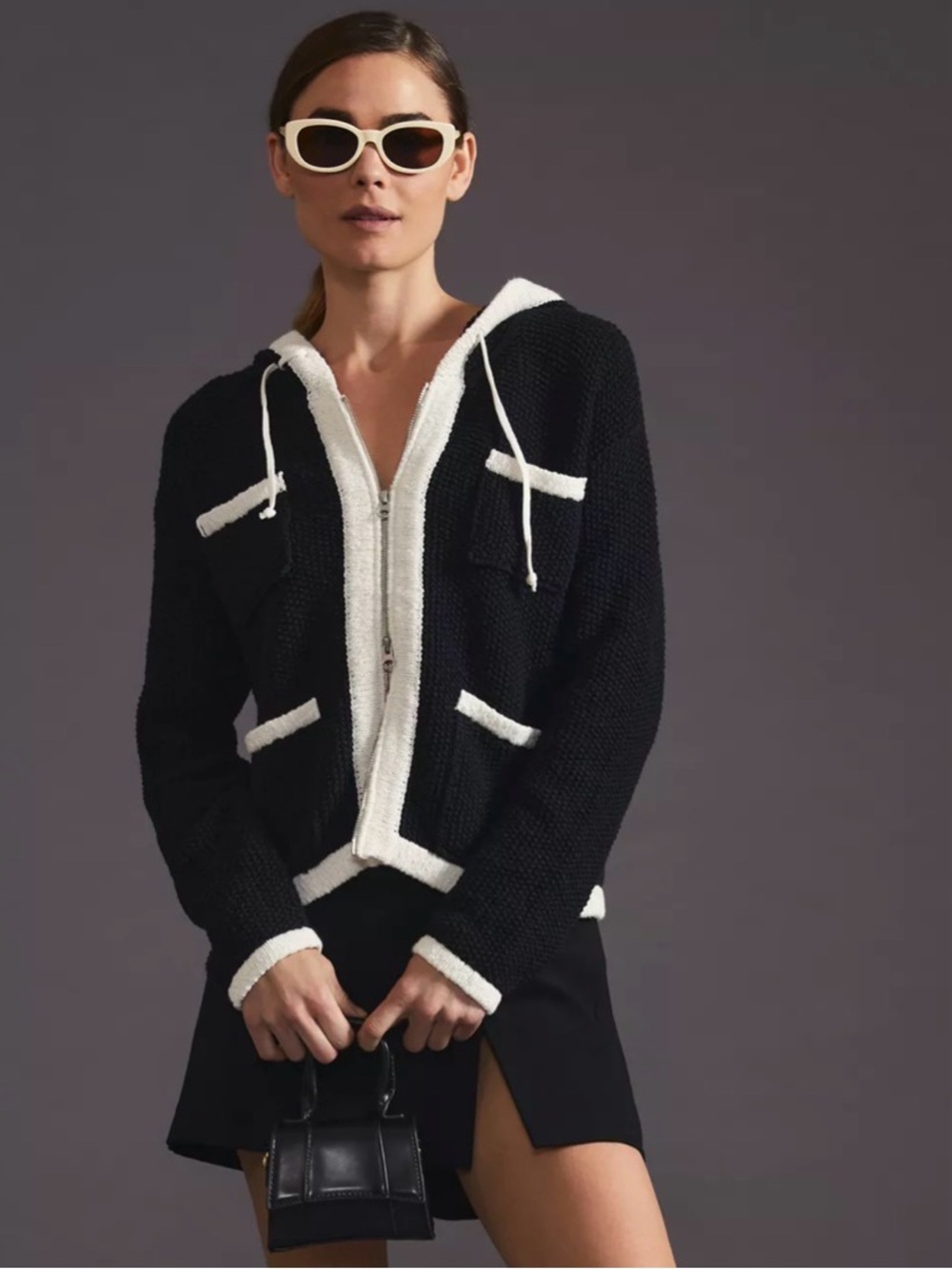Anthropologie Maeve zip front hooded knit cardigan black and cream XS